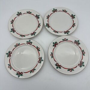 4 Jamestown China Salad Plates Christmas Ribbons Holly Gold Trim Set Dessert EUC